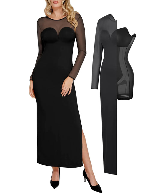 Popilush Long Sleeve Prom Maxi Dress for Women Mesh Shapewear Bodycon Dress Black Fall Tight Fitted Party Wedding Long Dresses