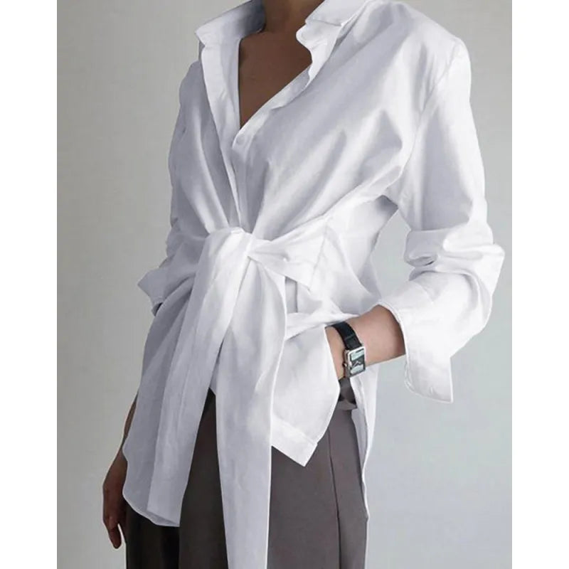 Women Loose Tie Long Sleeve Casual Shirt