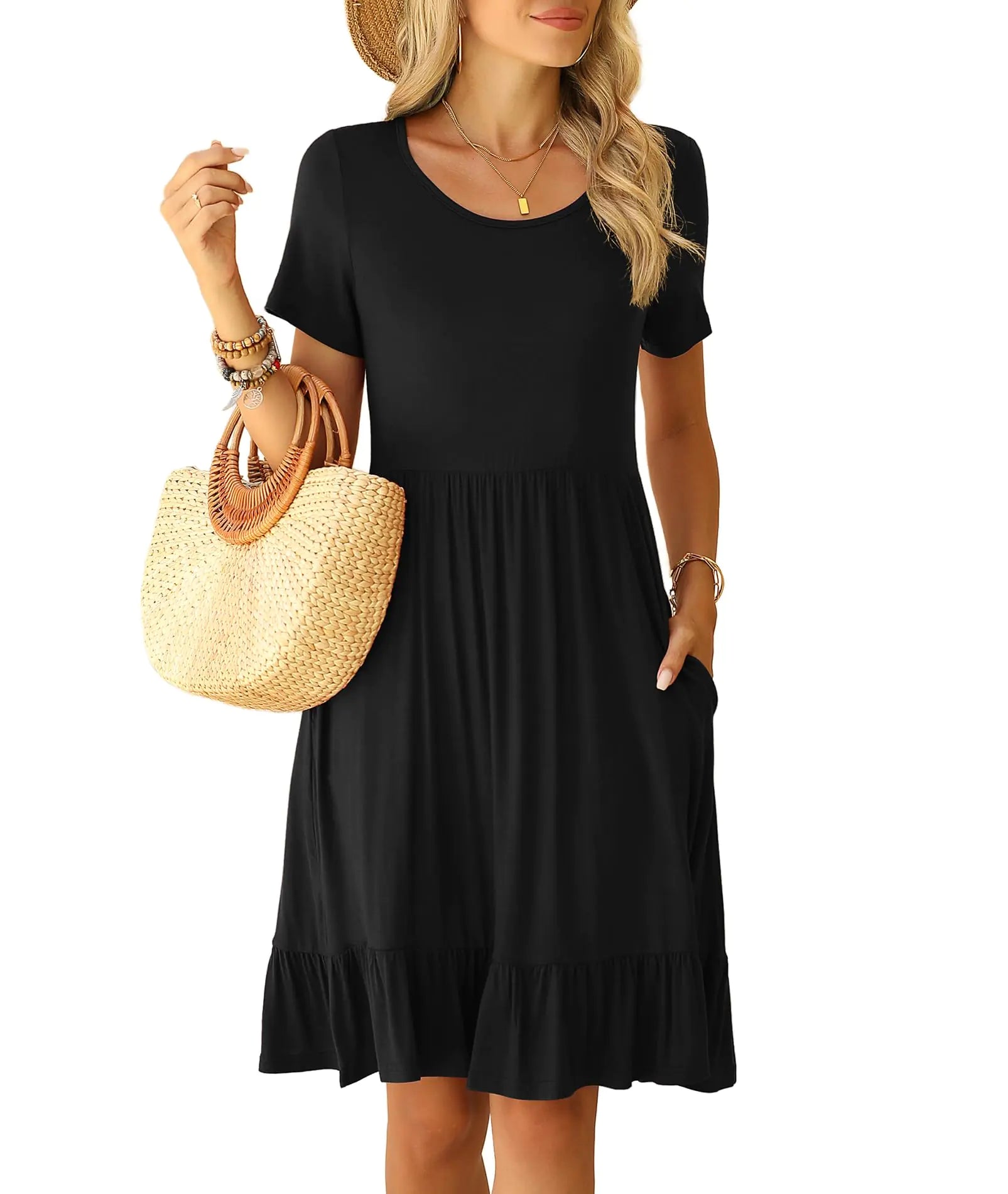 LILBETTER Round Neck Knee Length Dress for Women with Pockets Casual Summer Short Sleeve Pleated Ruffle Hem Short Dress(Black Medium)