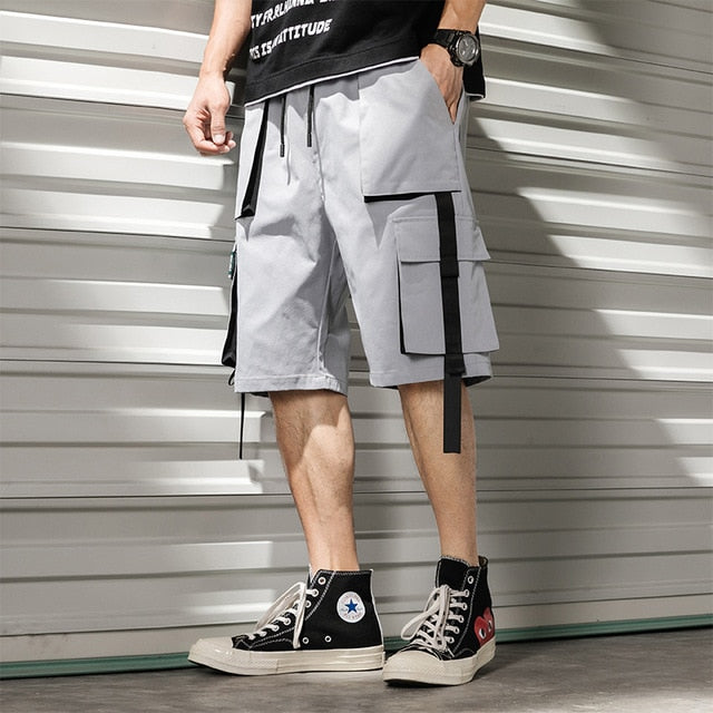 Streetwear Summer Casual Shorts Men Fashion Ribbons Pockets Cargo Shorts Bermuda Solid Hip Hop Men's Shorts