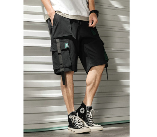 Streetwear Summer Casual Shorts Men Fashion Ribbons Pockets Cargo Shorts Bermuda Solid Hip Hop Men's Shorts