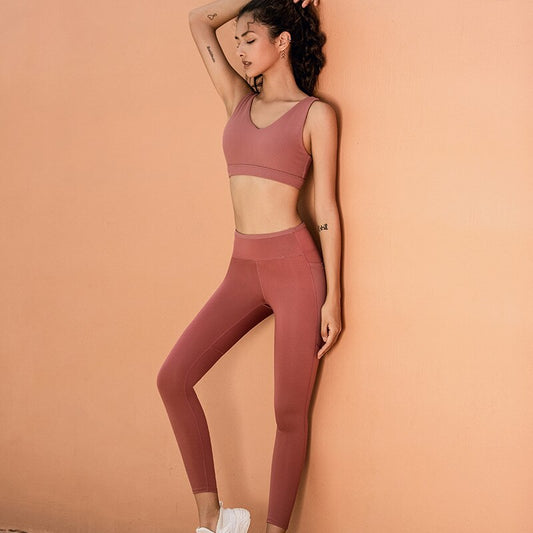 Solid Seamless Gym Yoga Suit Fashion Tank Beauty Back Top Leggings Fitness Push Up Running Sports Dance Training Two Piece Set