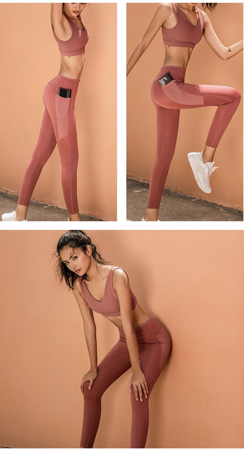 Solid Seamless Gym Yoga Suit Fashion Tank Beauty Back Top Leggings Fitness Push Up Running Sports Dance Training Two Piece Set