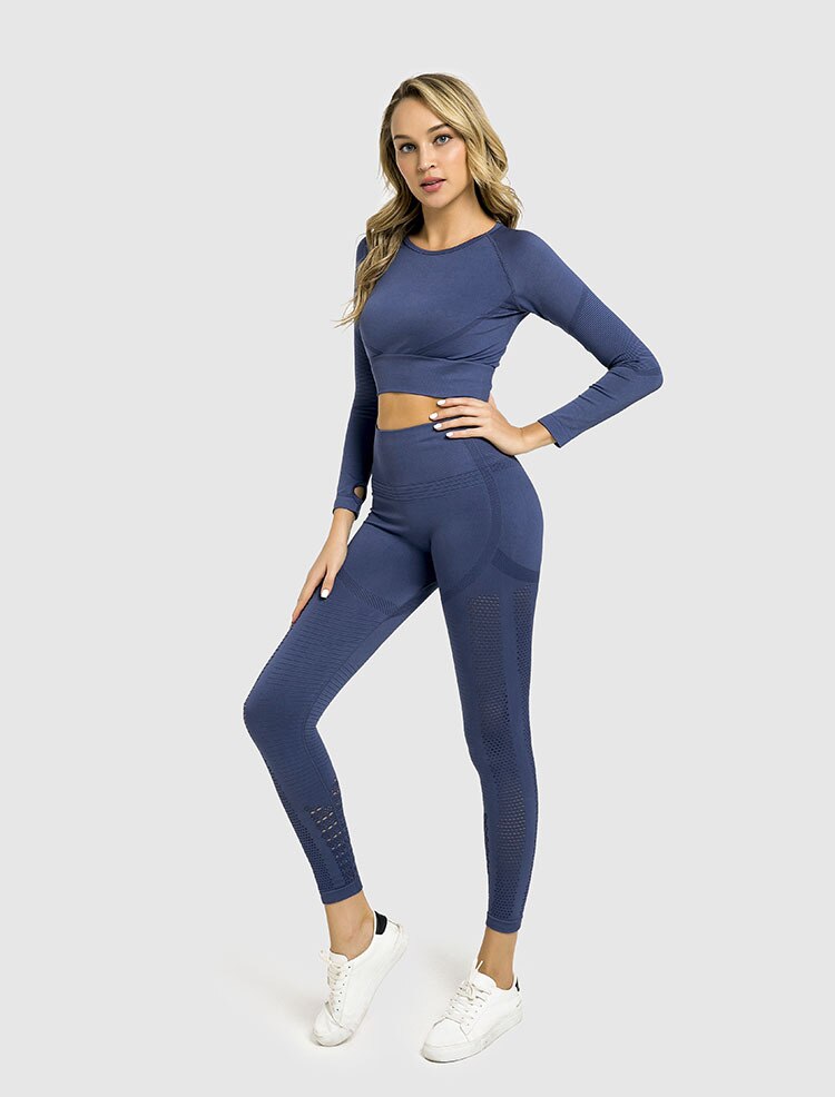 Sportswear Yoga Set Gym Fitness Tracksuit Long Sleeve Crop Top Hollow Out Leggings Running Traning Workout Outdoor 2 Piece Set