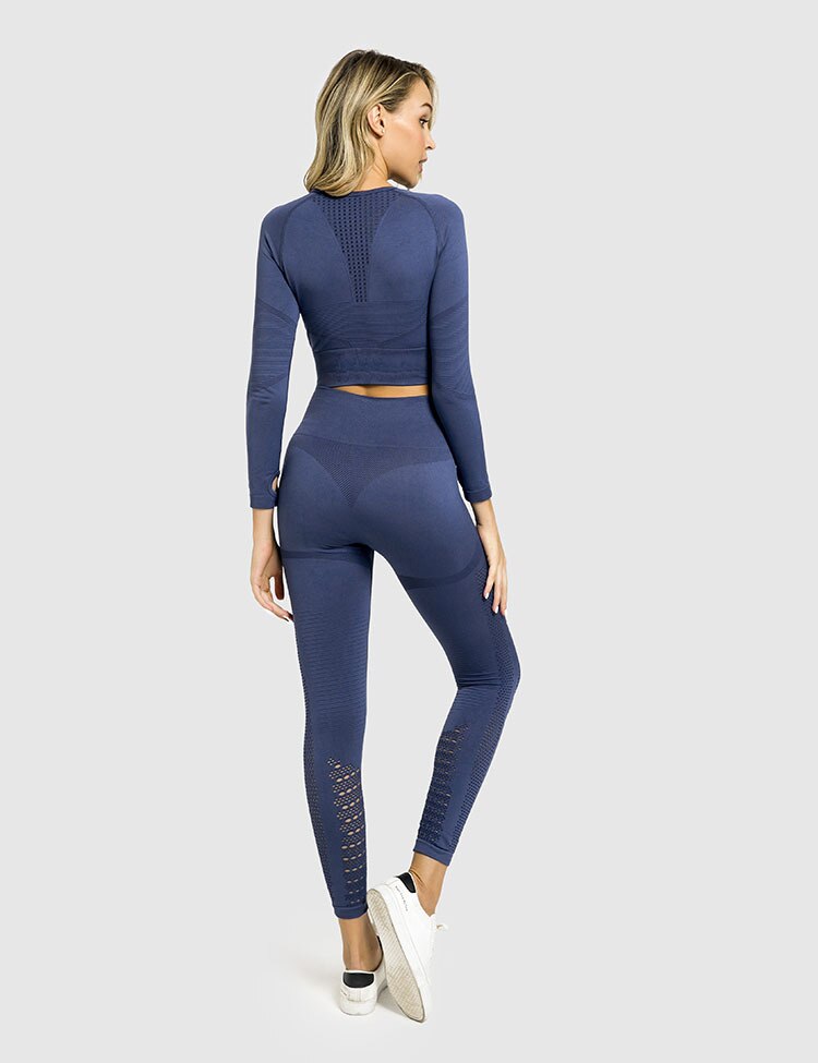 Sportswear Yoga Set Gym Fitness Tracksuit Long Sleeve Crop Top Hollow Out Leggings Running Traning Workout Outdoor 2 Piece Set