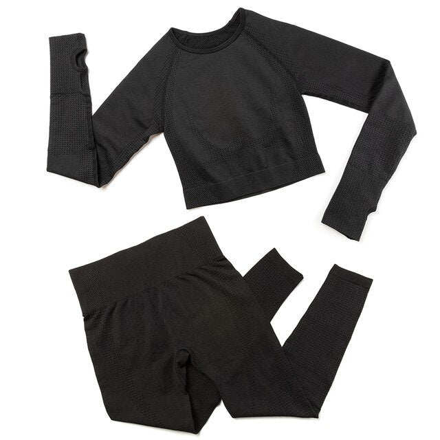 Gym Sport Outfits Yoga Clothing Set Women Long Sleeves Fitness Shirt Seamless Leggings Running Suit Workout Tracksuit Activewear
