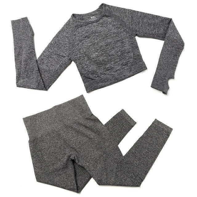 Gym Sport Outfits Yoga Clothing Set Women Long Sleeves Fitness Shirt Seamless Leggings Running Suit Workout Tracksuit Activewear