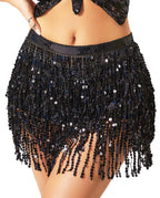 Falda con borlas y lentejuelas negras, falda envolvente para danza del vientre, faldas brillantes con flecos y bufanda para festivales.