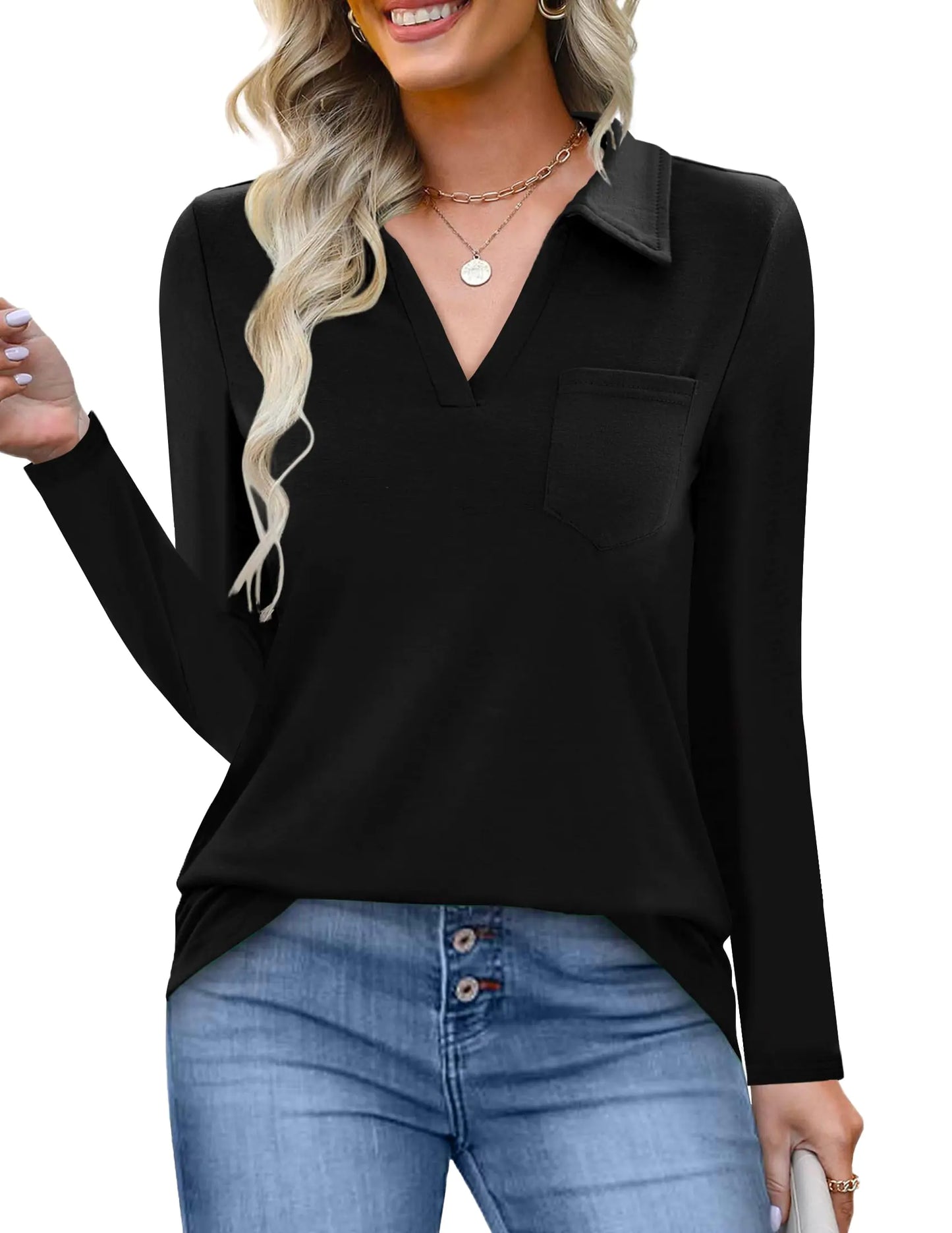 ANAJONRI Black Collared Shirts Women Long Sleeve V Neck Work Blouses Cute Casual Polo Shirts Black M