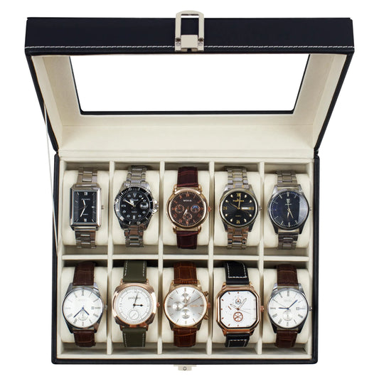 GUKA Watch Box 10 Slot Watch Case with Real Glass Lid Watch Display Case with PU Leather for Men and Women Black