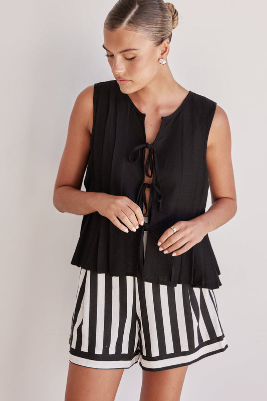 Black Linen Tie-Up Top – Sleeveless Pleated Front Blouse