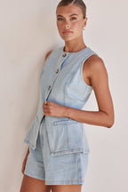 Sleeveless Denim Vest for Women with Front Pockets