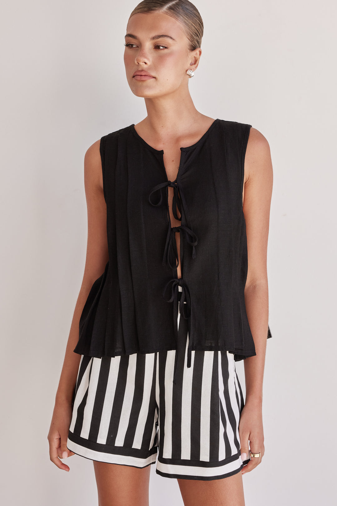 Black Linen Tie-Up Top – Sleeveless Pleated Front Blouse