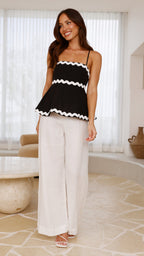 Black Linen Peplum Top with White Wave Trims