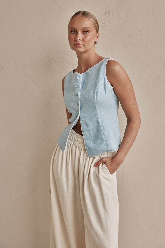 Sky Blue Sleeveless Linen Vest for Women