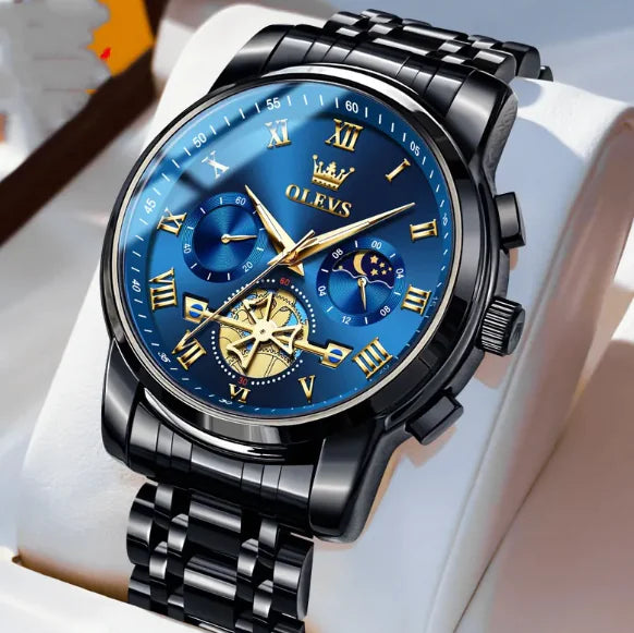 Men's Luminous Multifunctional Waterproof Quartz Watch with Stainless Steel Band