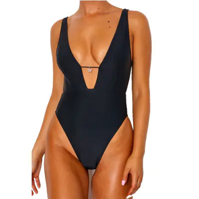 Women's Deep V Solid Color Bikini Swimsuit
