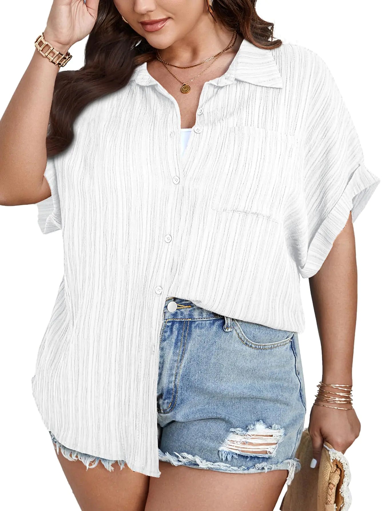 SCOMCHIC Women Plus Size Button Down Short Sleeve Shirts Collared Textured Summer Blouse Casual Tops with Pockets White