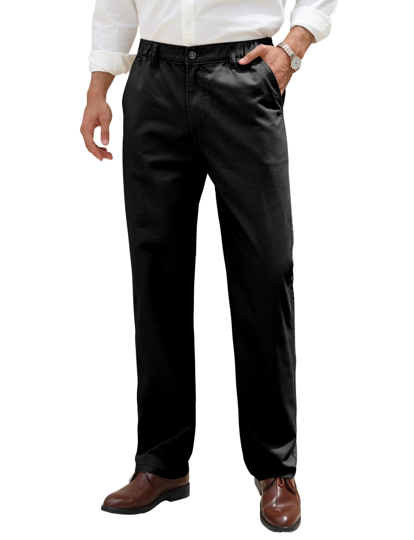 voeeron Mens Elastic Waist Black Chino Trousers Men Relaxed Fit Black Khaki