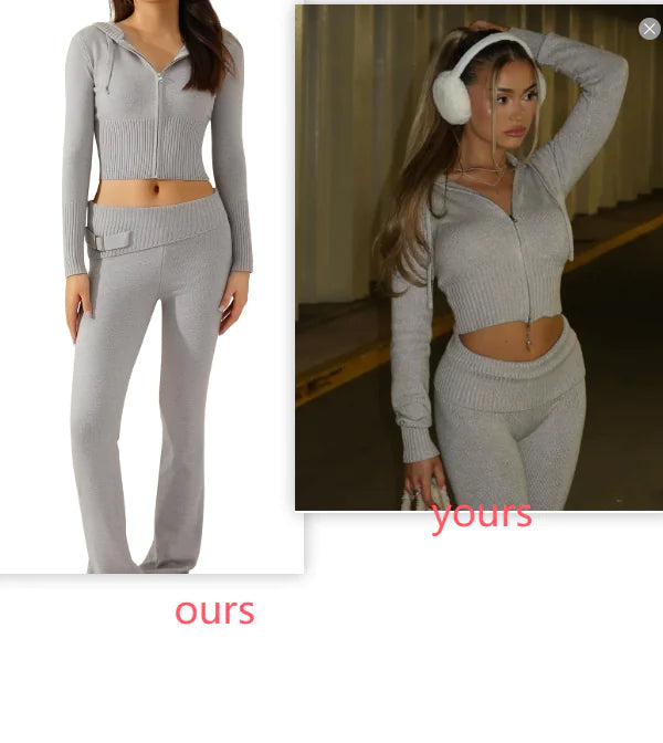 Women's High-Waist Knit Hooded Set: Fashionable Long-Sleeve Top & Trousers