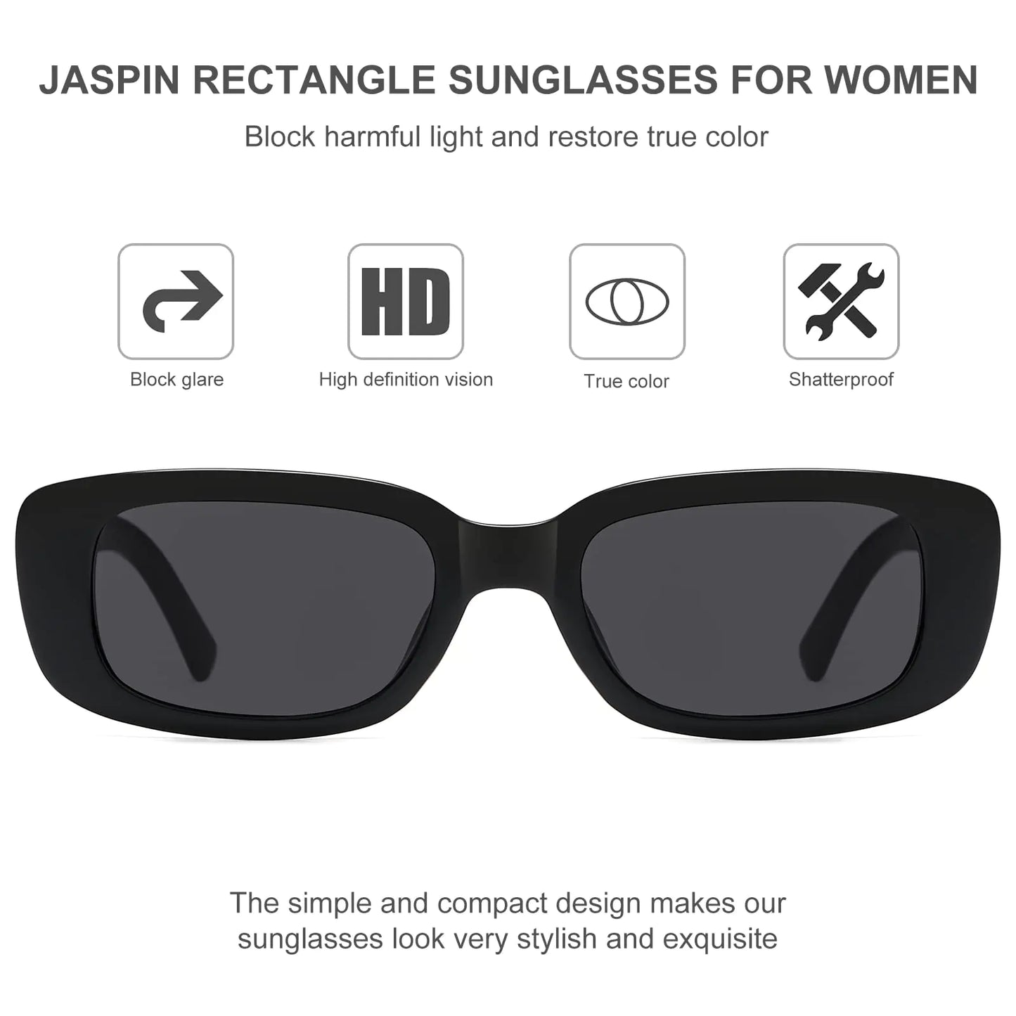 JASPIN Rectangle Sunglasses for Women Men Trendy Y2k Retro 90s Sun Glasses UV400 Protection Cool Square Frame Black+black+black+black