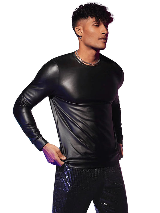 WDIRARA Mens Round Neck Long Sleeve PU Leather Sweatshirt Party Club Pullovers Black XXL