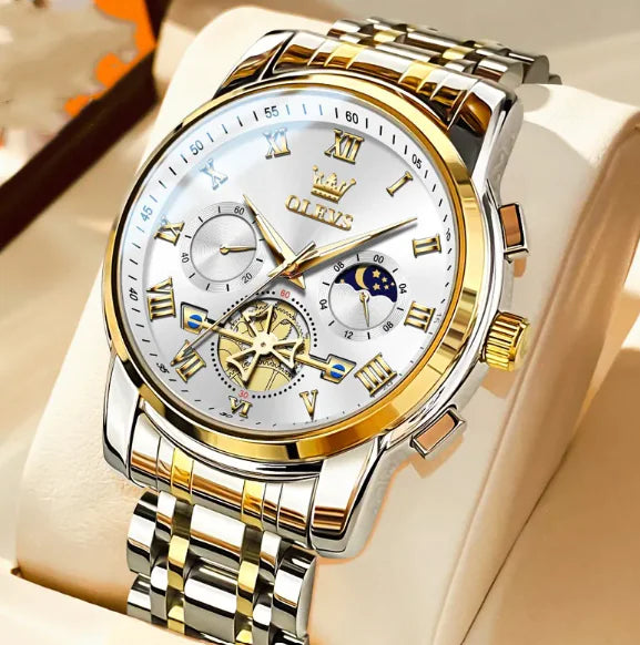 Men's Luminous Multifunctional Waterproof Quartz Watch with Stainless Steel Band