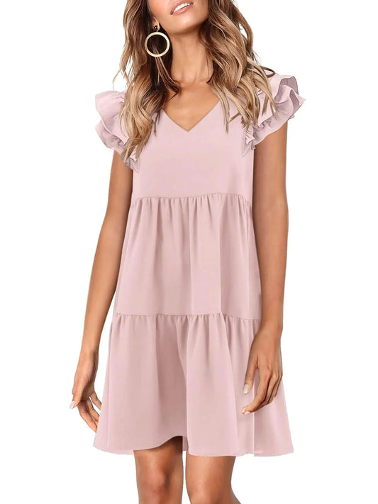 Zwurew V Neck Cute Babydoll Dresses for Women 2024 Ruffle Cap Sleeve Womens Summer Dresses Pink Sundress