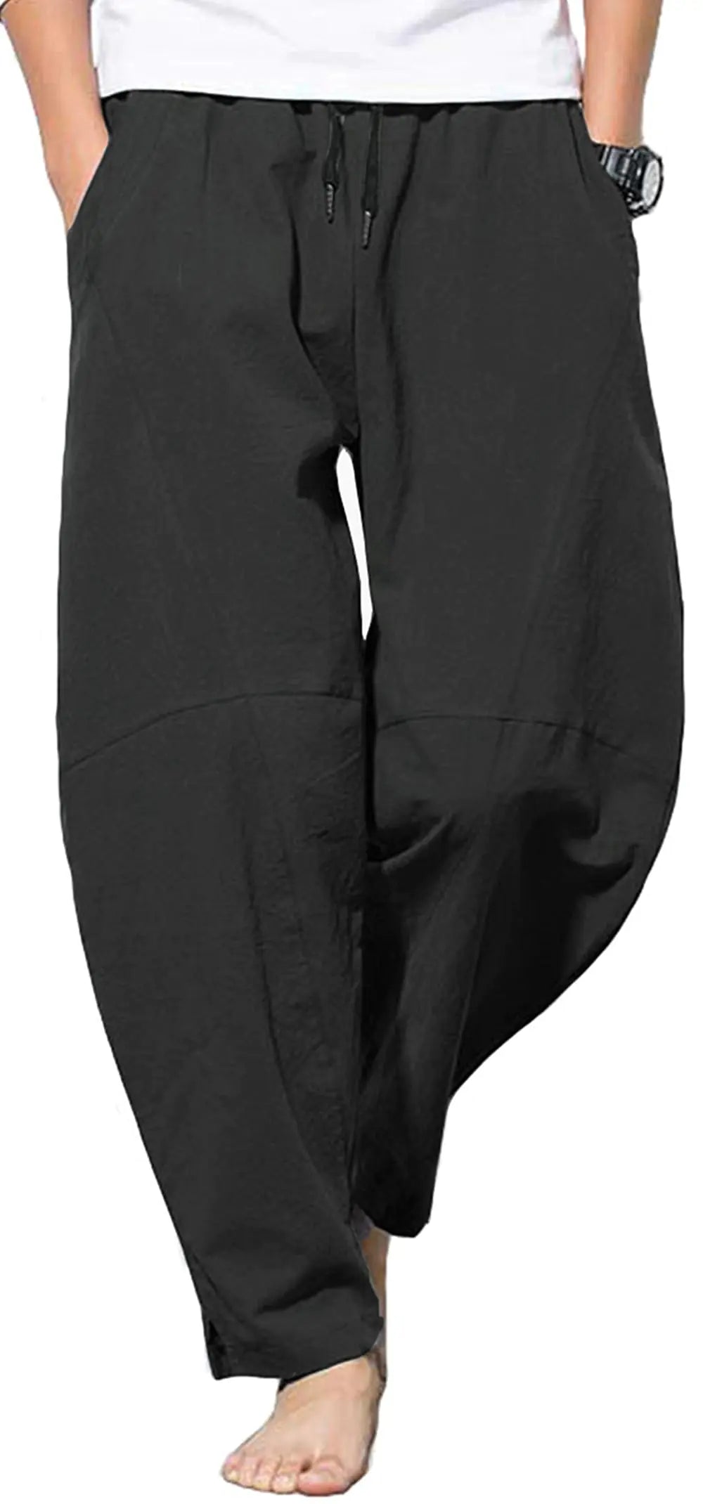 GUDEUBAI Mens Casual Cotton Linen Trousers Elastic Waist Drawstring Beach Summer Lightweight Trousers (32 Black)