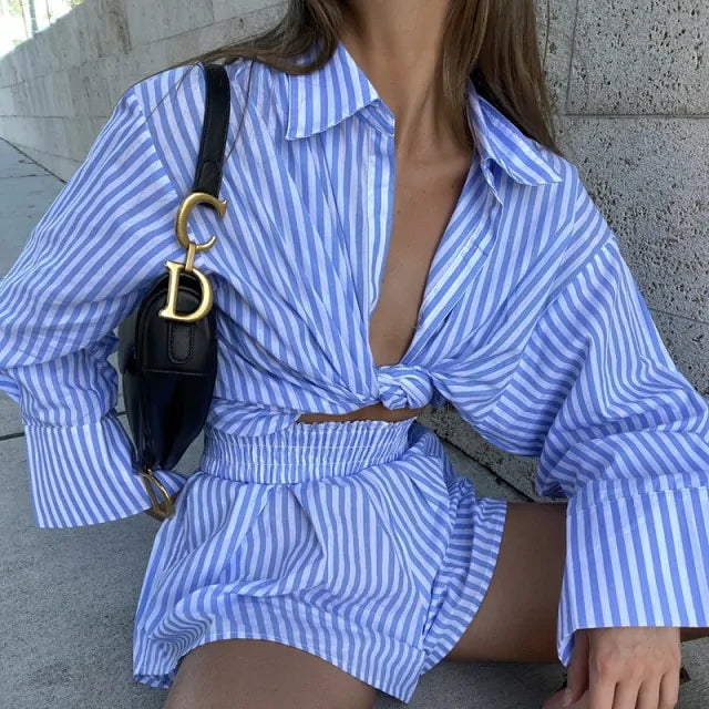 Striped Blouse Shirts and Shorts Matching Set