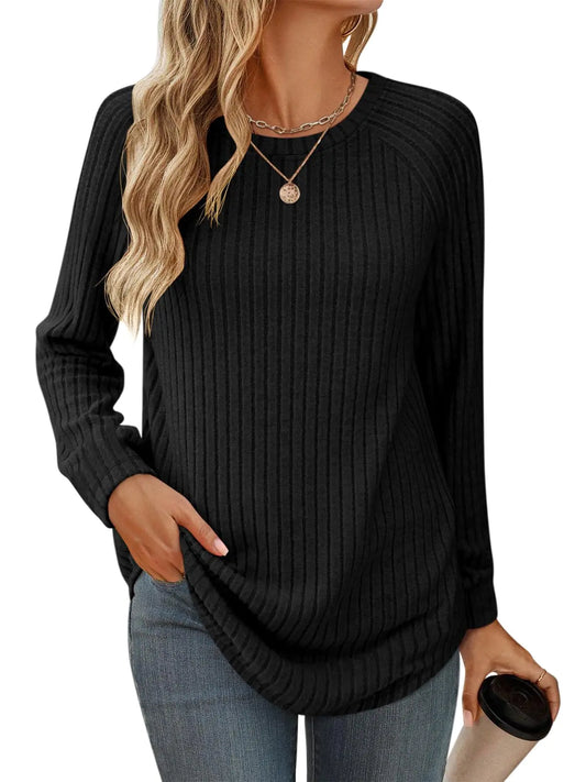 Eachyes Womens Crew Neck Long Sleeve Tunic Tops Loose Fit Tops Curved Hem Long Black Small