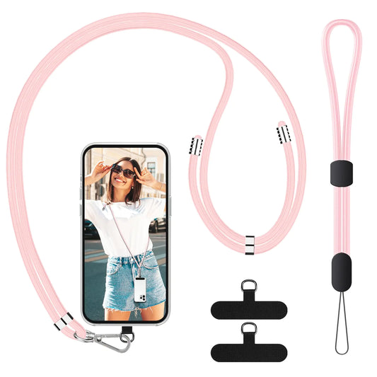 SS Cell Phone Lanyard Adjustable Phone Lanyard Crossbody Neck Strap & Phone Wrist Strap with 2 Phone Tether Patches for Most Smartphones Light Pink