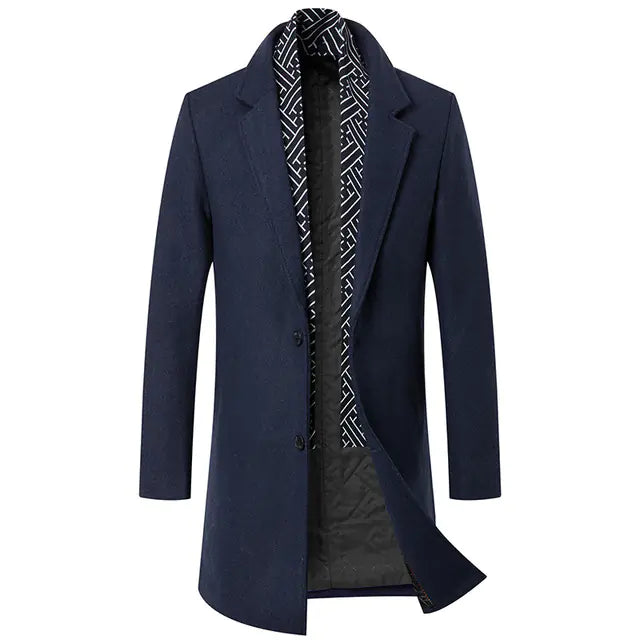 Men's Mid-Length Wool Blend Trench Coat with Scarf