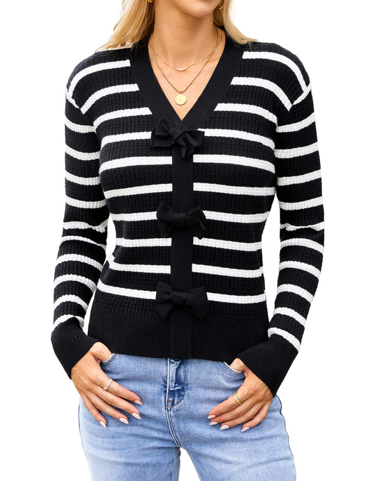 Blooming Jelly Womens Fall Striped Cropped Trendy V Neck Long Sleeve Tops(Black White StripeX-Large)