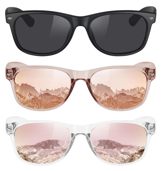 MEETSUN - Gafas de sol polarizadas clásicas para mujer y hombre, modernas, estilo retro vintage, para conducir, protección UV, paquete de 3, color negro, café y rosa
