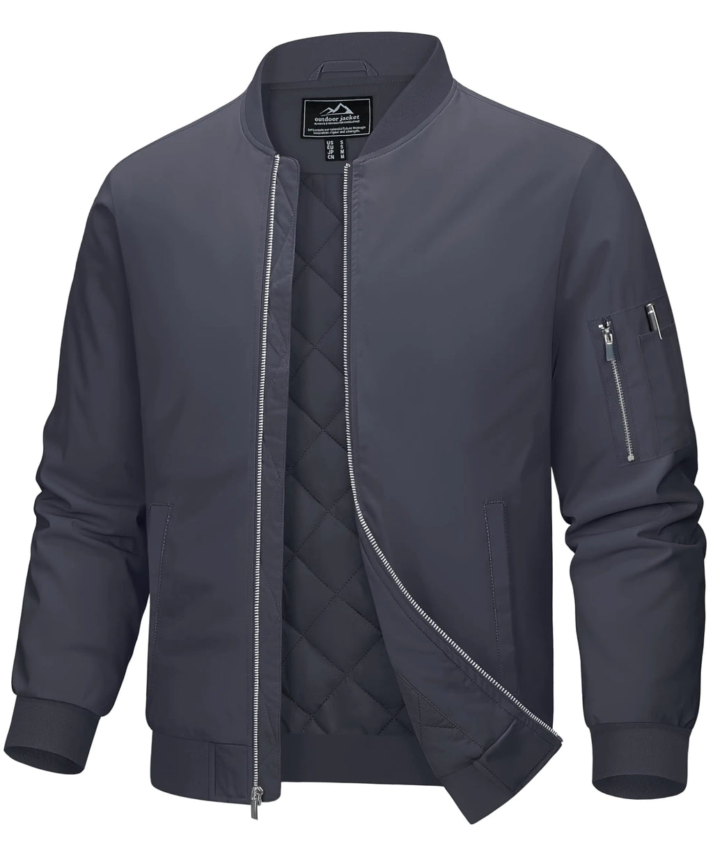 MAGCOMSEN Mens Bomber Jackets Quilted Windbreaker Jackets Fall Fashion Winter Varsity Jacket Zipper Thermal Golf Jacket Outwear Dark Grey L