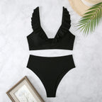 High-Waisted Women's Striped Bikini with Ruffle Straps