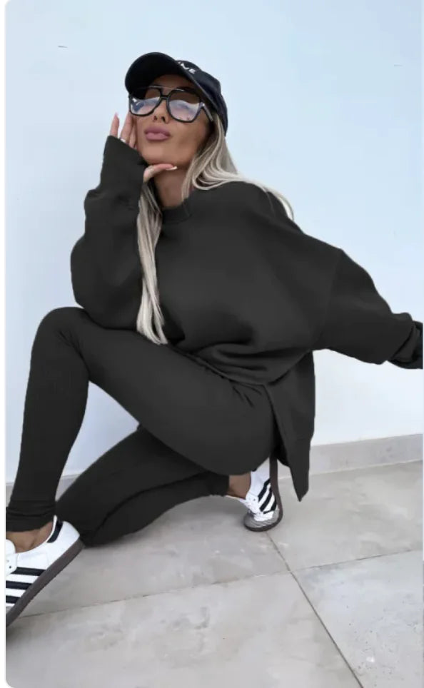 Women's Casual Sweater Set with Split Top and Tight Trousers