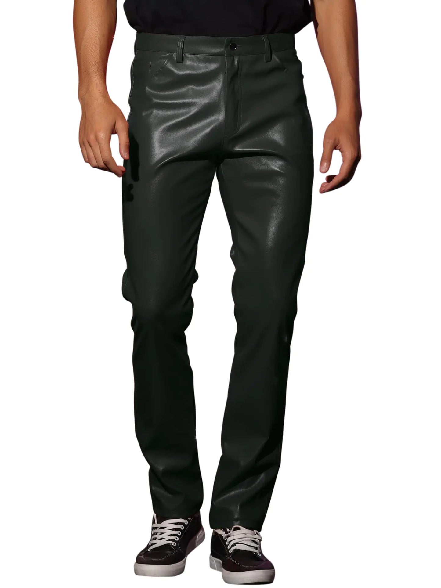 Lars Amadeus Faux Leather Trousers for Mens Slim Fit Solid Color Nightclub Disco Skinny Trousers 36 Black