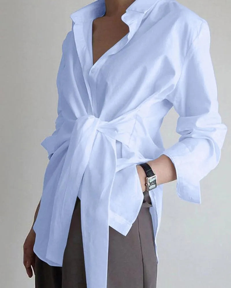 Women Loose Tie Long Sleeve Casual Shirt